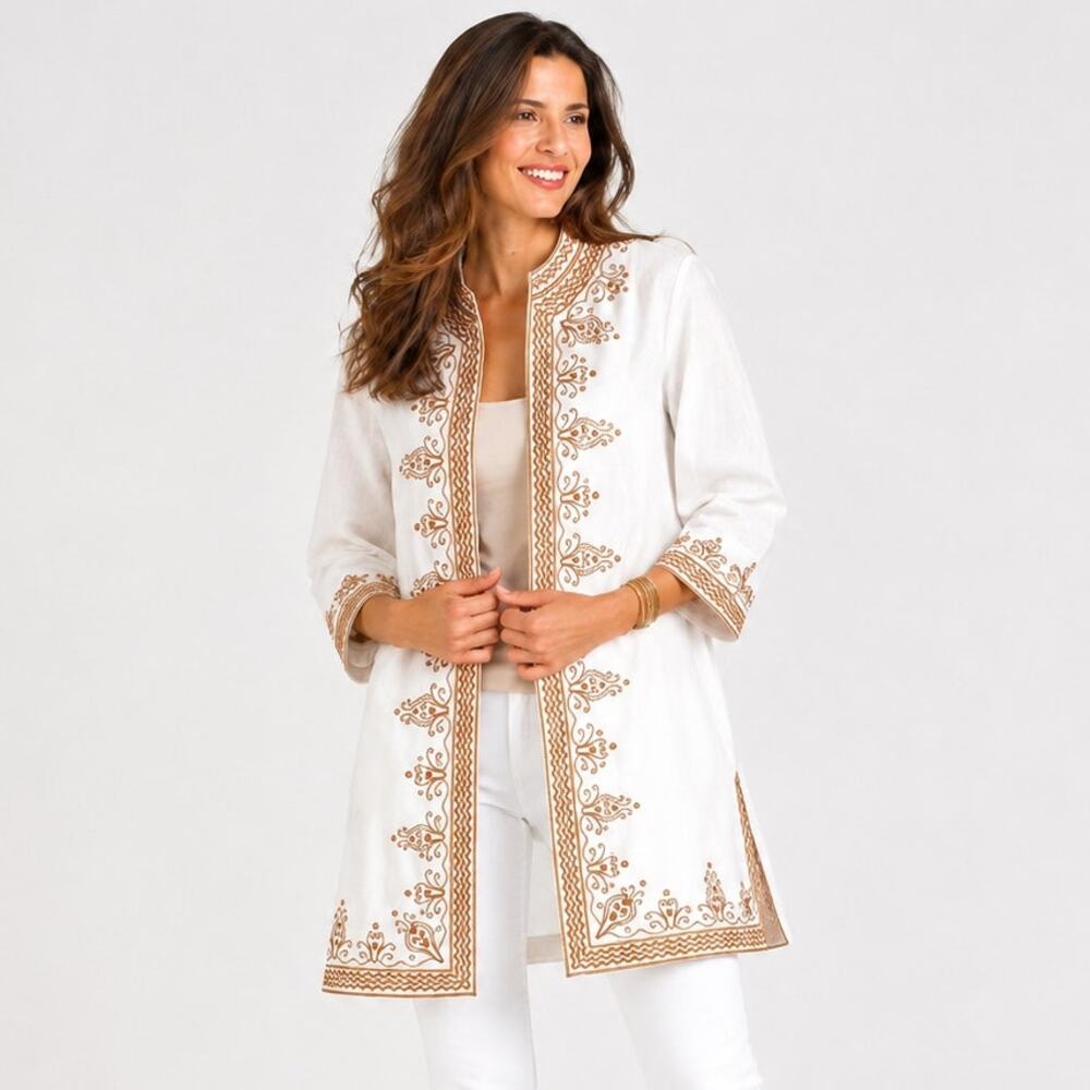 Sulu White Embroidered Tunic Jacket S Boho Resort Artisan NWT Coastal Vacation